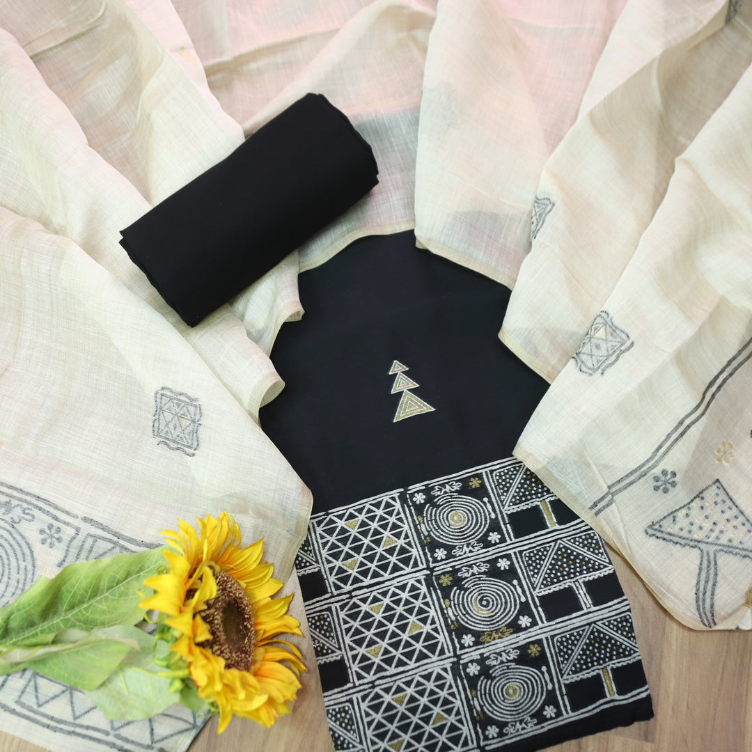 Jannat Oil Black All Over Self Weaved Work in Authentic Jamdani Chanderi Set