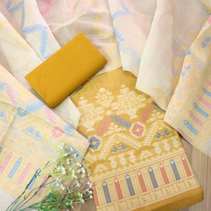 Aisha Corn Yellow with All Over Authentic Jamdani Weaved On Hem Suit Set
