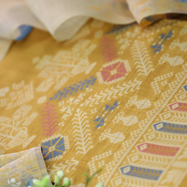 Aisha Corn Yellow with All Over Authentic Jamdani Weaved On Hem Suit Set