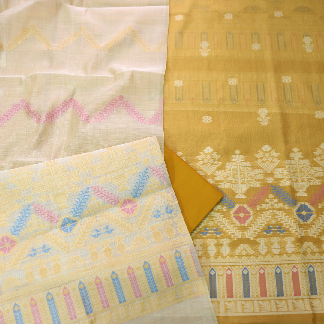 Aisha Corn Yellow with All Over Authentic Jamdani Weaved On Hem Suit Set