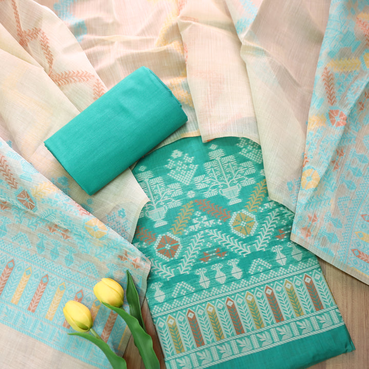 Aisha Aqua Ocean with All Over Authentic Jamdani Weaved On Hem Suit Set