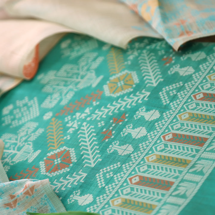 Aisha Aqua Ocean with All Over Authentic Jamdani Weaved On Hem Suit Set