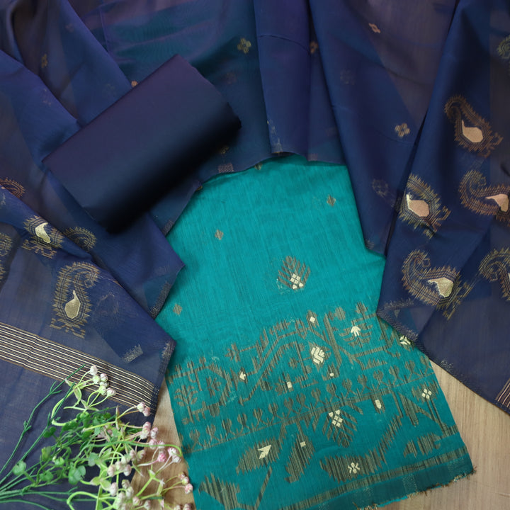 Visha Ocean Teal with All Over Authentic Jamdani Weaved On Hem Suit Set