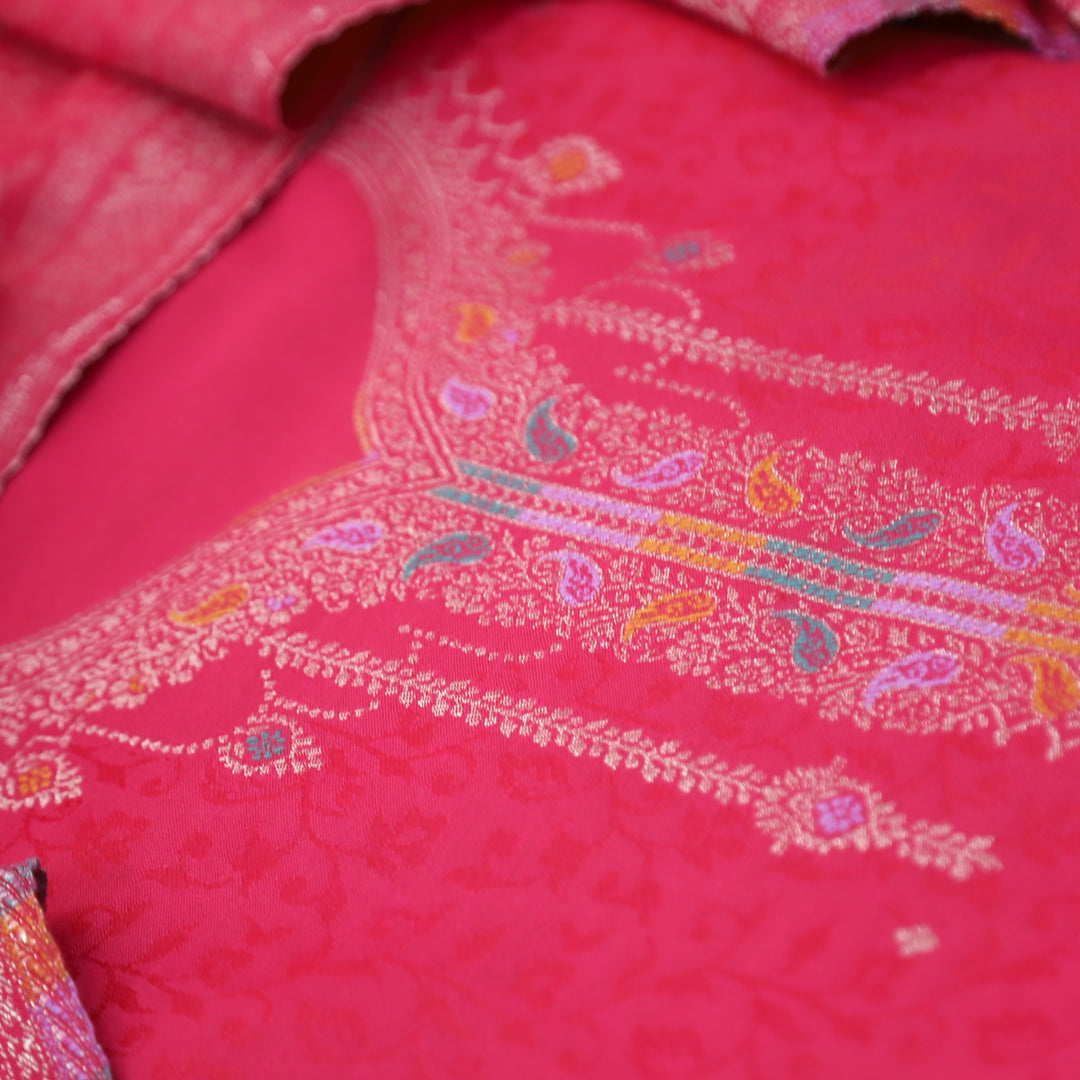 आरूही Flamingo Pink All Over Zari Weaved in  Semi Pashmina Winter Suit Set