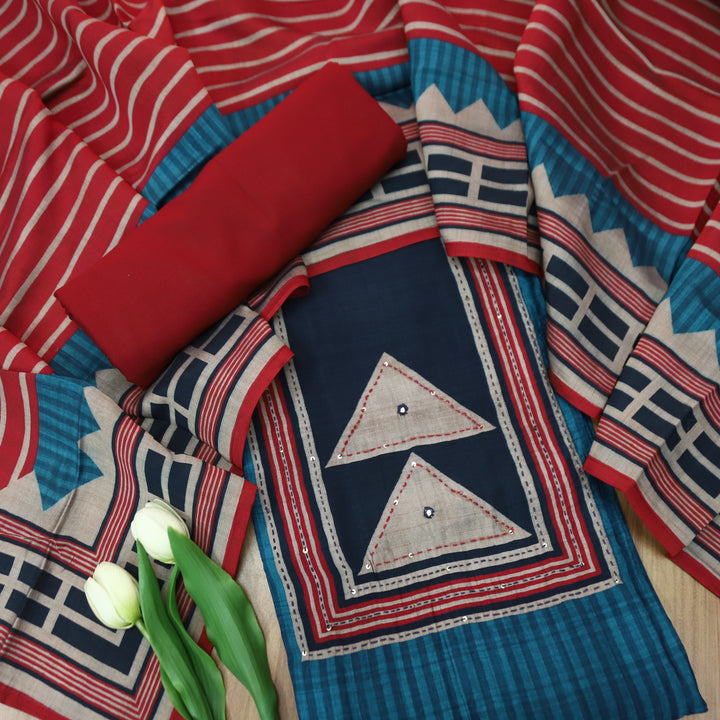 Ashwini Cerulean Blue in Printed Patch with Thread Work Modal Suit Set