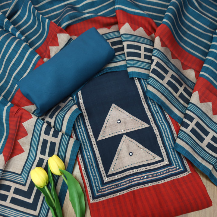 Ashwini Cherry Red in Printed Patch with Thread Work Modal Suit Set