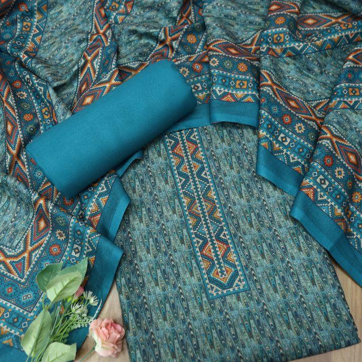 विशाखा Cerulean Blue All Over Intricate Digital Printed Semi Pashmina Winter Set
