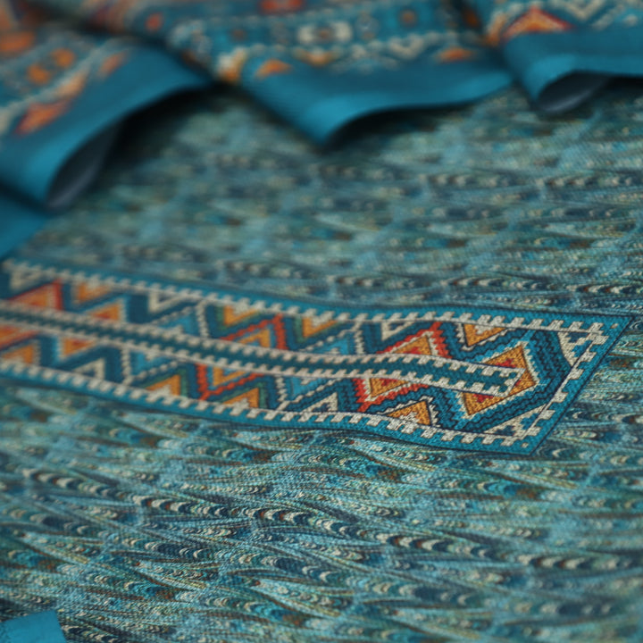 विशाखा Cerulean Blue All Over Intricate Digital Printed Semi Pashmina Winter Set