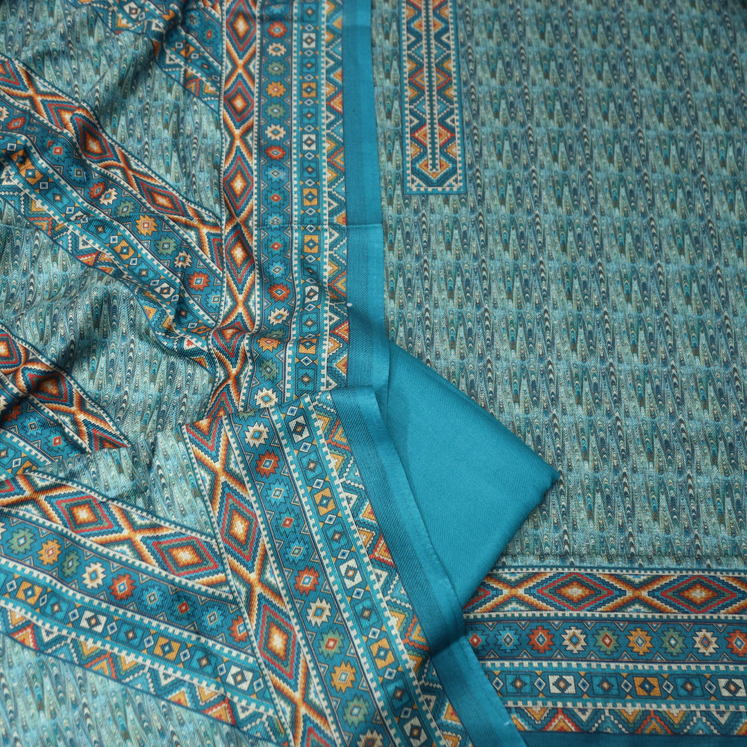 विशाखा Cerulean Blue All Over Intricate Digital Printed Semi Pashmina Winter Set