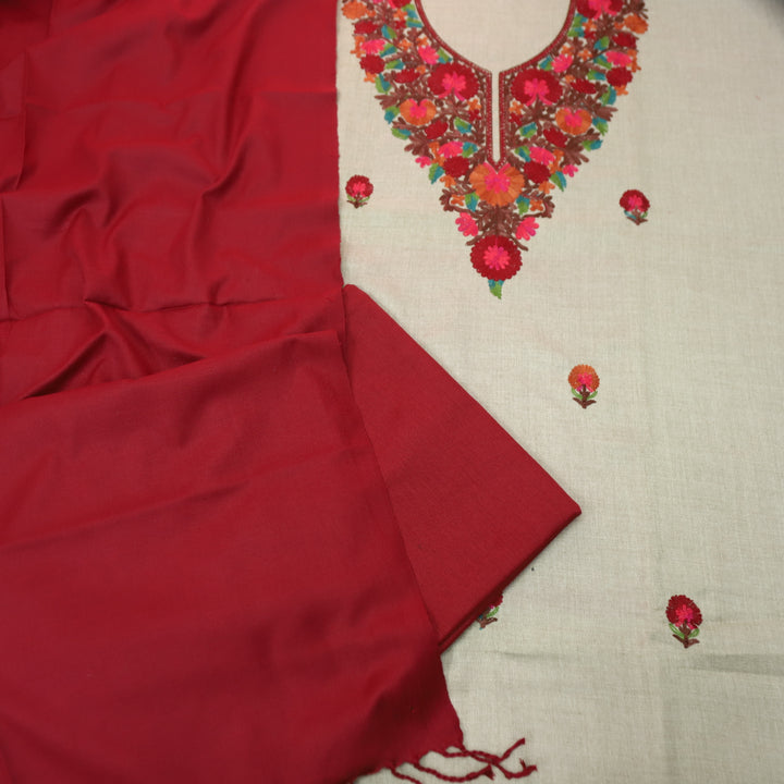 अमाया Sand Beige with Maroon Kashida Embroidery Neck Semi Pashmina Winter Set