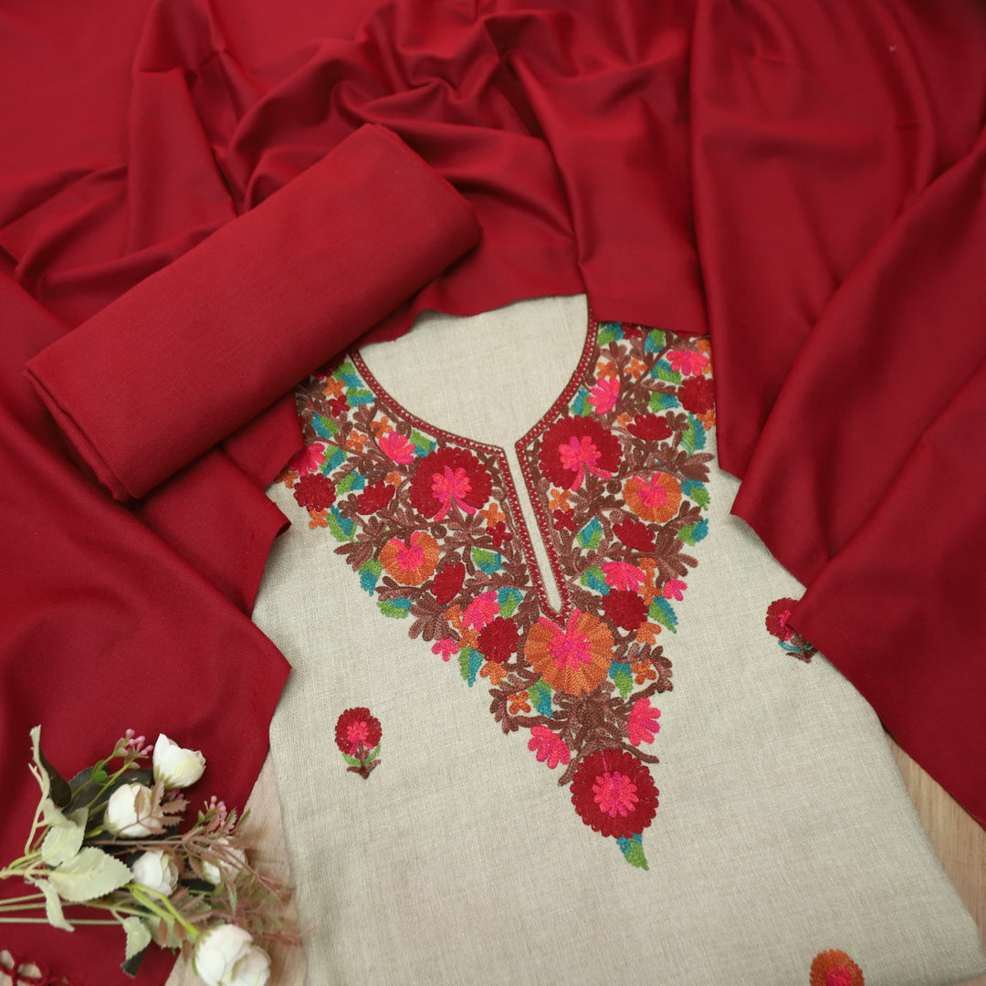 अमाया Sand Beige with Maroon Kashida Embroidery Neck Semi Pashmina Winter Set