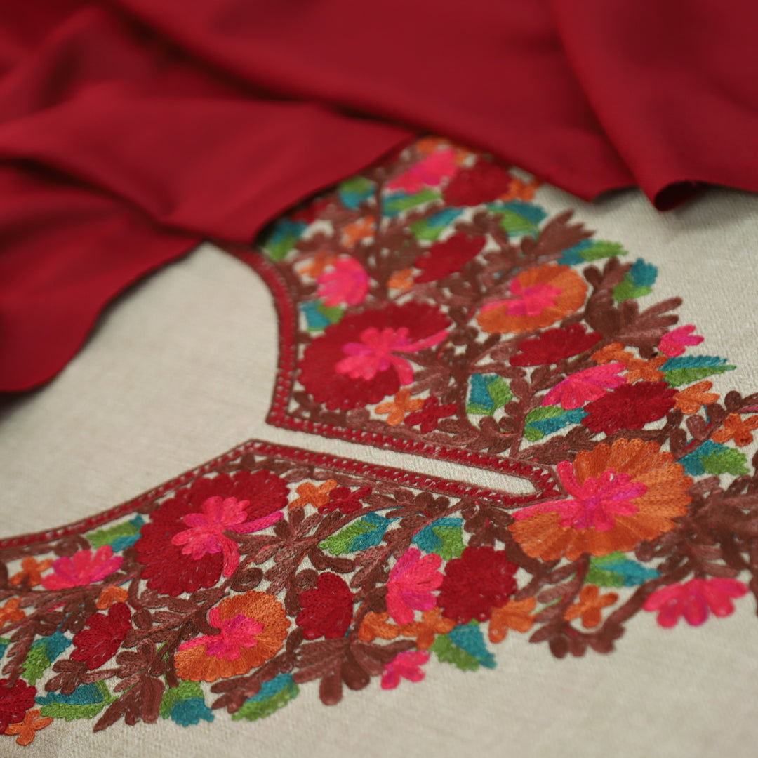 अमाया Sand Beige with Maroon Kashida Embroidery Neck Semi Pashmina Winter Set
