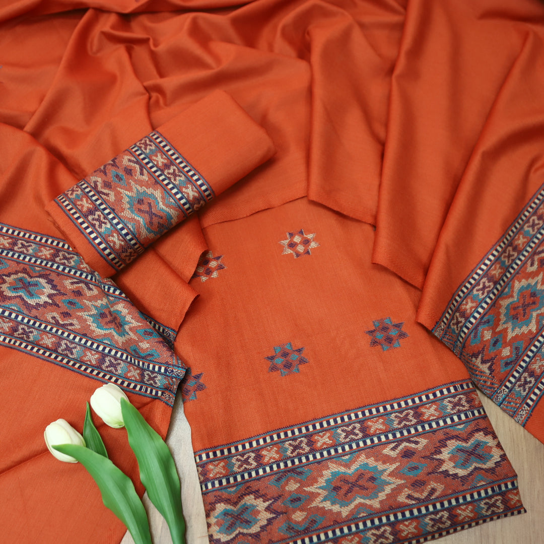 बेगमजान Rust Orange Enhanced with Thread Weaved Hem Semi Pashmina Winter Set