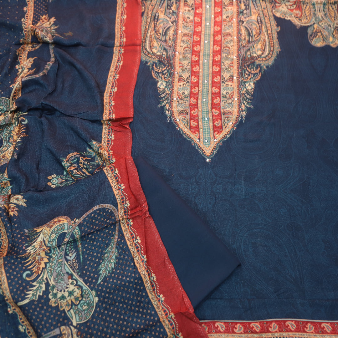 Garj Royal Blue Patra Detailing in Digital Printed Semi Pashmina Winter Suit Set