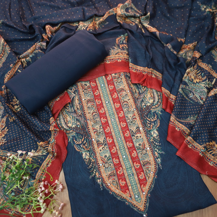 Garj Royal Blue Patra Detailing in Digital Printed Semi Pashmina Winter Suit Set