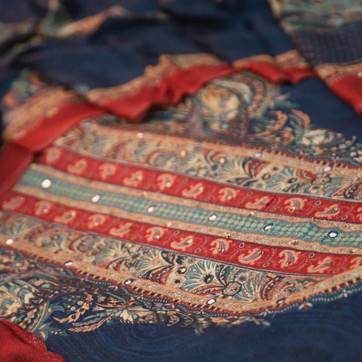 Garj Royal Blue Patra Detailing in Digital Printed Semi Pashmina Winter Suit Set