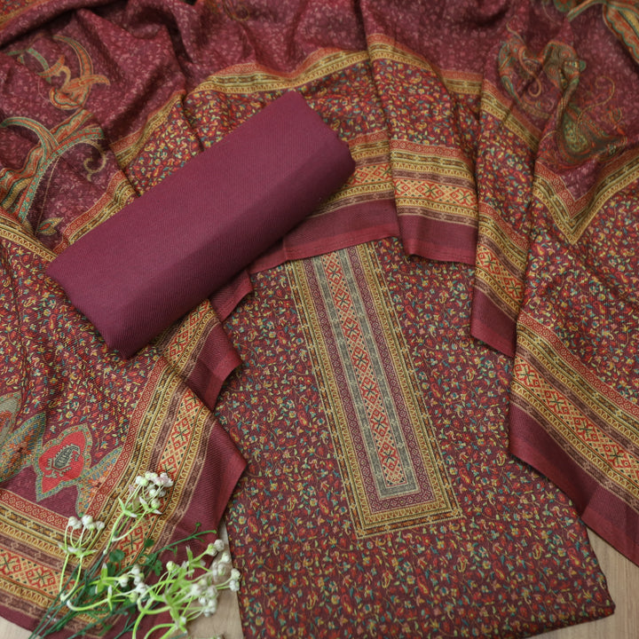 सुरमाया Magenta Purple Balance through Kanni Floral Printed Semi Pashmina Winter Set