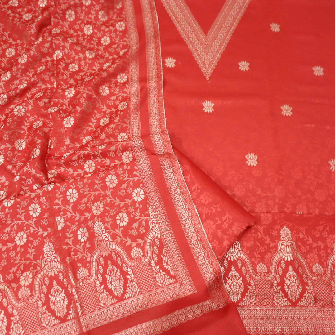 अनीत Tomato Red All Over Zari Weaved in Semi Pashmina Winter Suit Set