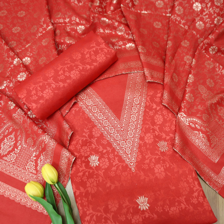 अनीत Tomato Red All Over Zari Weaved in Semi Pashmina Winter Suit Set