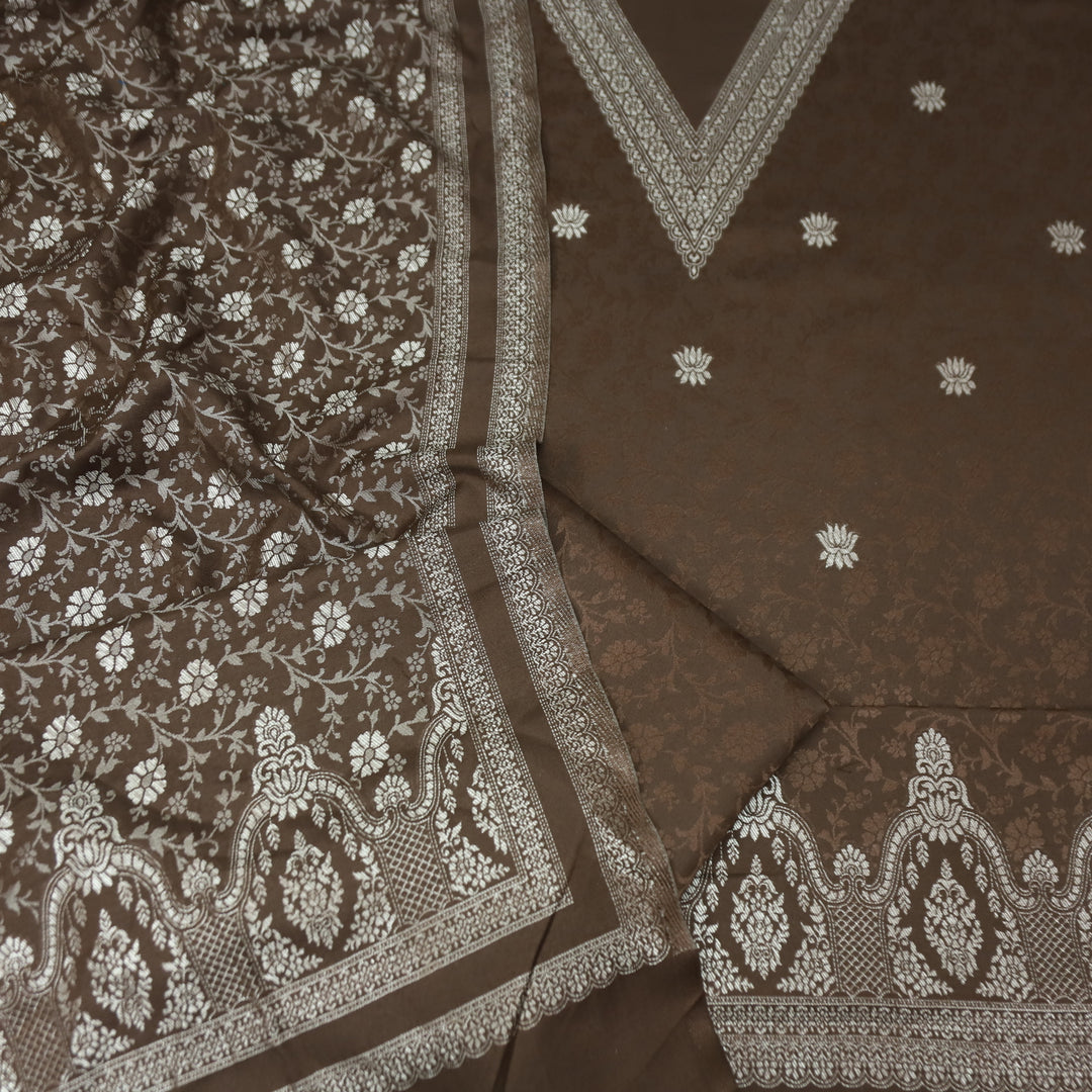 अनीत Chocolate Brown All Over Zari Weaved in Semi Pashmina Winter Suit Set