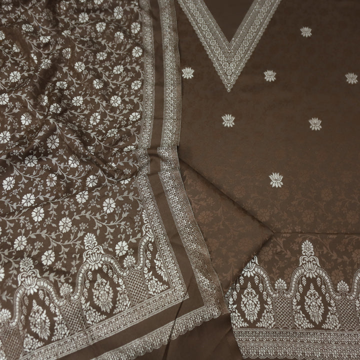 अनीत Chocolate Brown All Over Zari Weaved in Semi Pashmina Winter Suit Set