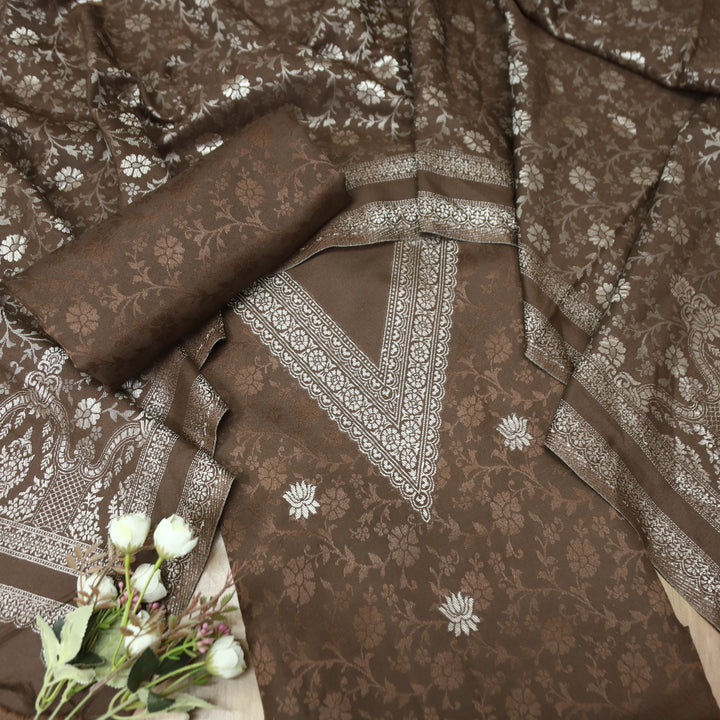 अनीत Chocolate Brown All Over Zari Weaved in Semi Pashmina Winter Suit Set