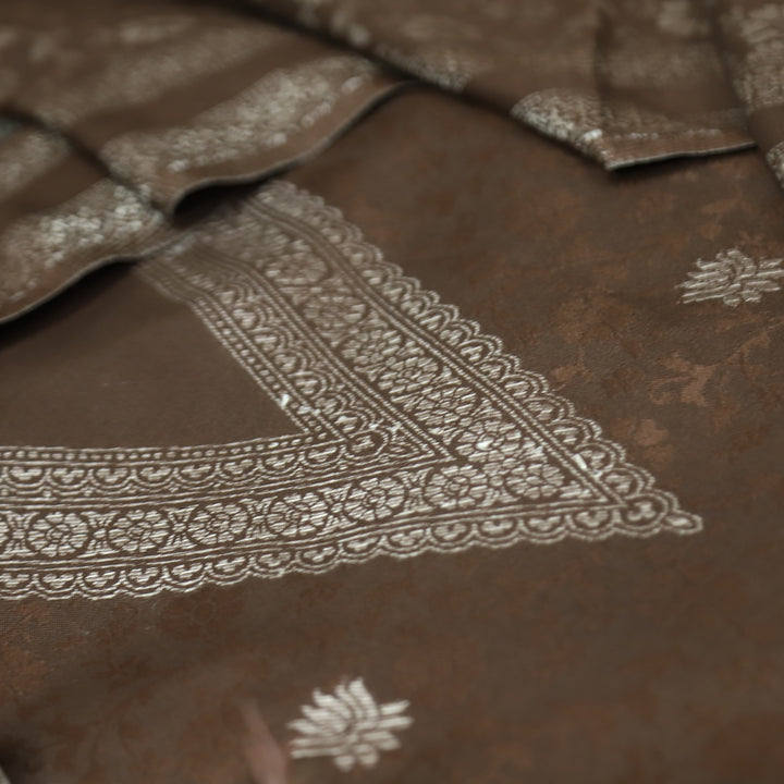 अनीत Chocolate Brown All Over Zari Weaved in Semi Pashmina Winter Suit Set