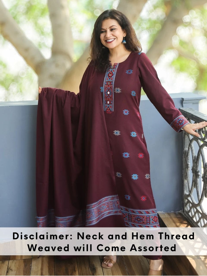शैलजा Burgundy Wine Round Neck Kullu Thread Weaved Semi Pashmina Winter 3 Piece Set