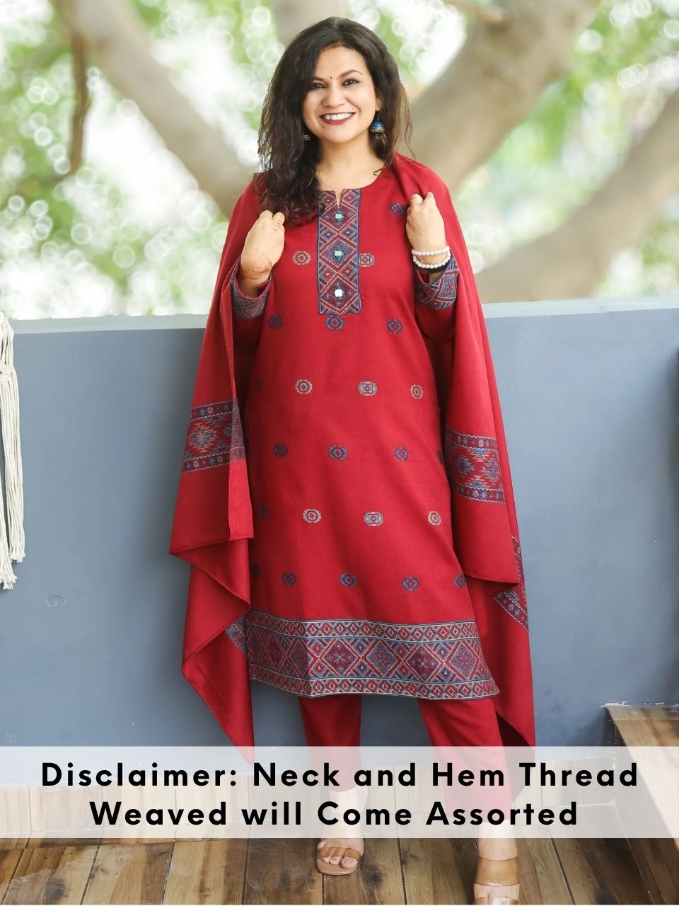 शैलजा Berry Red Round Neck Kullu Thread Weaved Semi Pashmina Winter 3 Piece Set