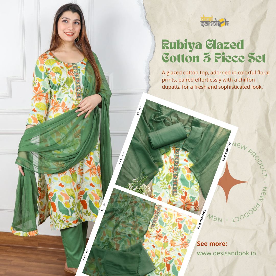Gulbahar Mint Base With Colorful Floral Printed Glazed Cotton Suit Set