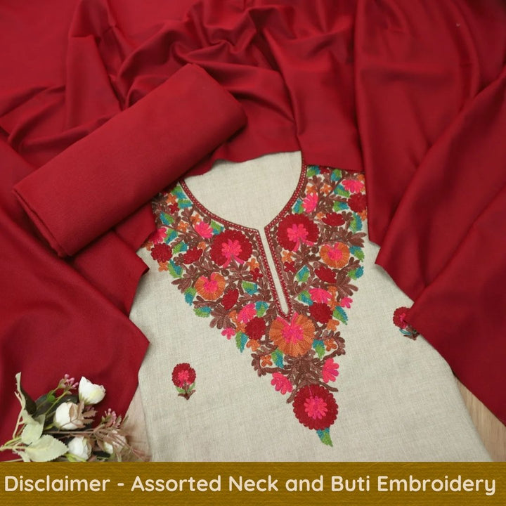 अमाया Sand Beige with Maroon Kashida Embroidery Neck Semi Pashmina Winter Set