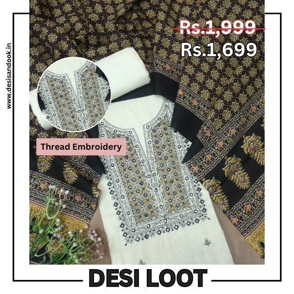 Nazariya Shell White with Black Thread Embroidery With Patra Cotton Suit Set