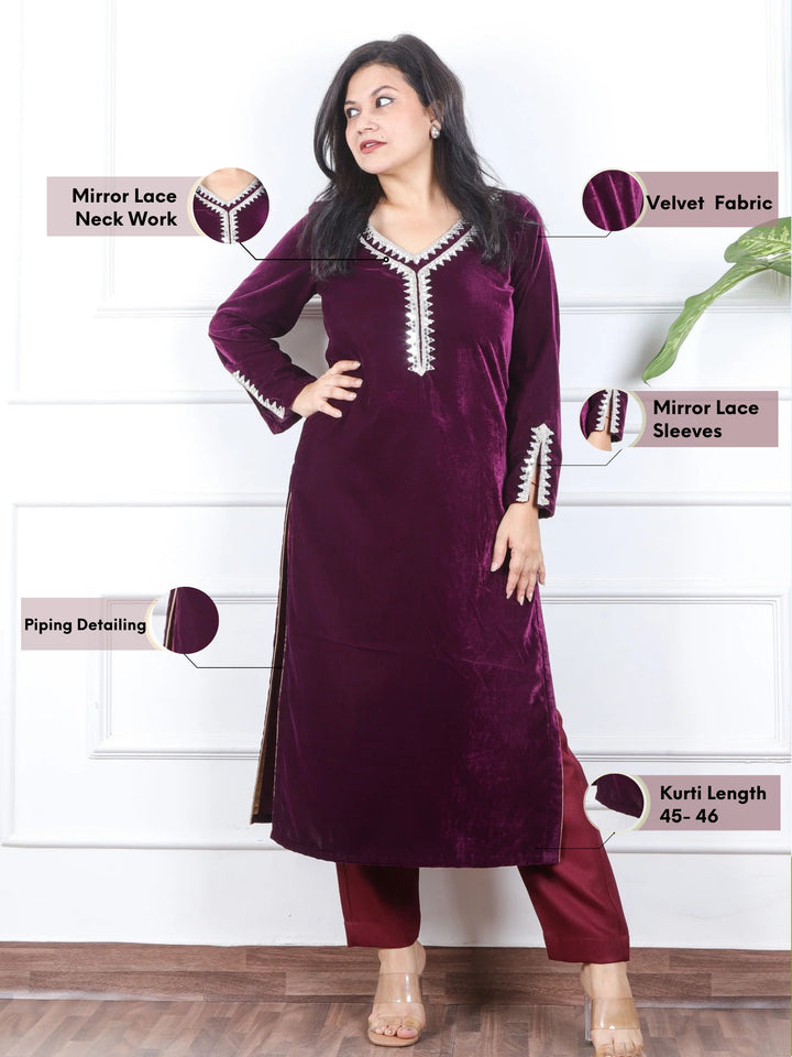 सजना Eggplant Purple Lace Neck Work Velvet Winter Kurti-D1