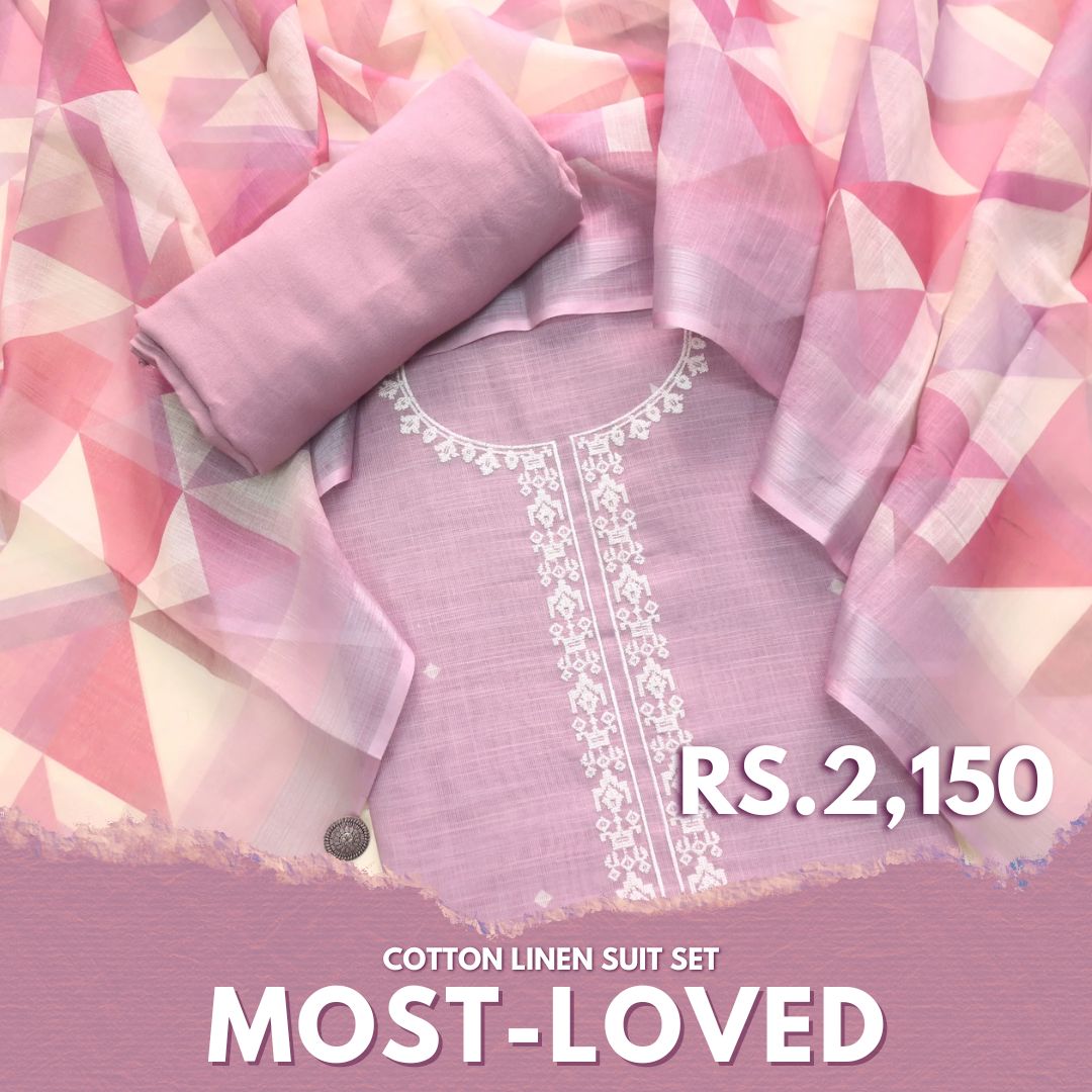 Gujaarish Mauve Purple Cross-Stitch Embroidery  Neck Cotton Linen Suit Set