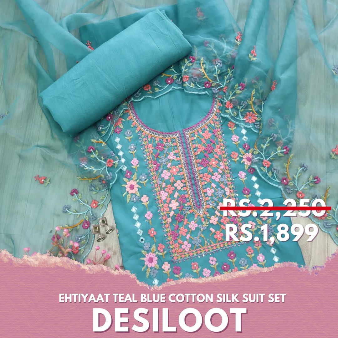 Ehtiyaat Teal Blue Thread work Neck Cotton Silk Suit Set