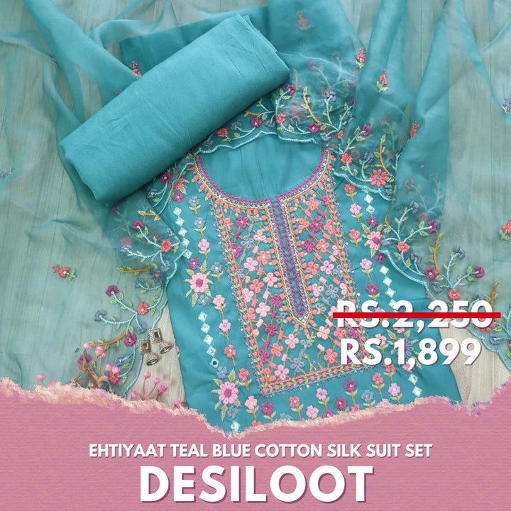 Ehtiyaat Teal Blue Thread work Neck Cotton Silk Suit Set