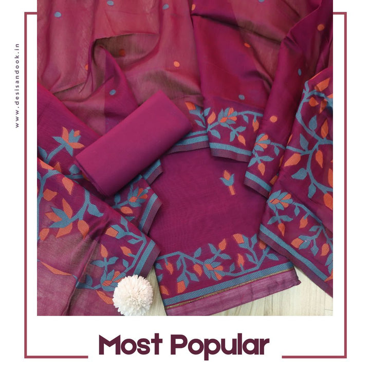 Surya Blueberry Purple Authentic Floral Jamdani Weaved Suit Set