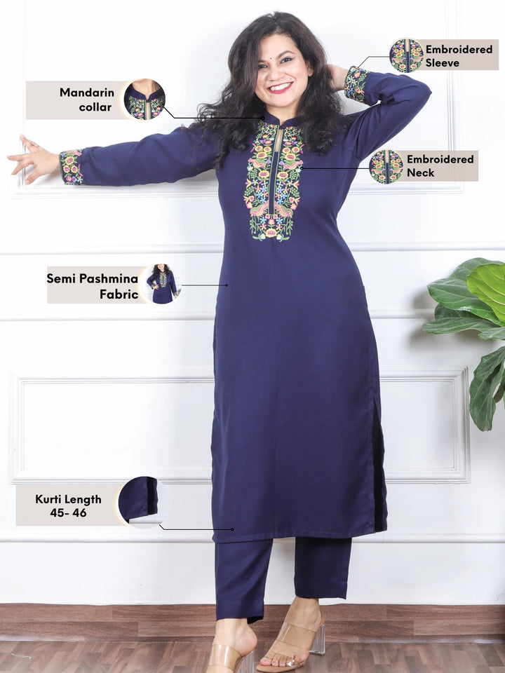 छाया Indigo Blue Thread Embroidered Neck Semi Pashmina Winter Kurti