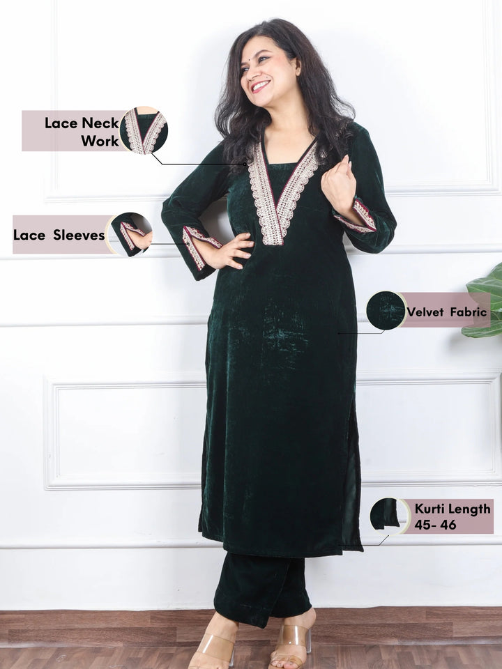 दर्शनी Sacramento Green V Neck Lace Work Velvet Winter Kurti-D3