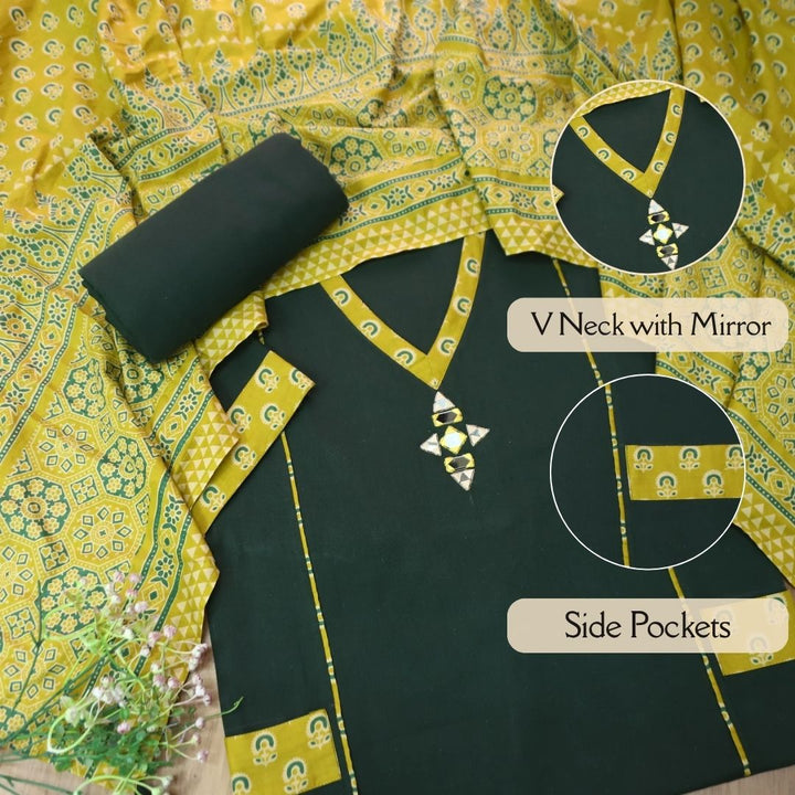 Srinagar Green Unique Panel and Pocket style cotton set