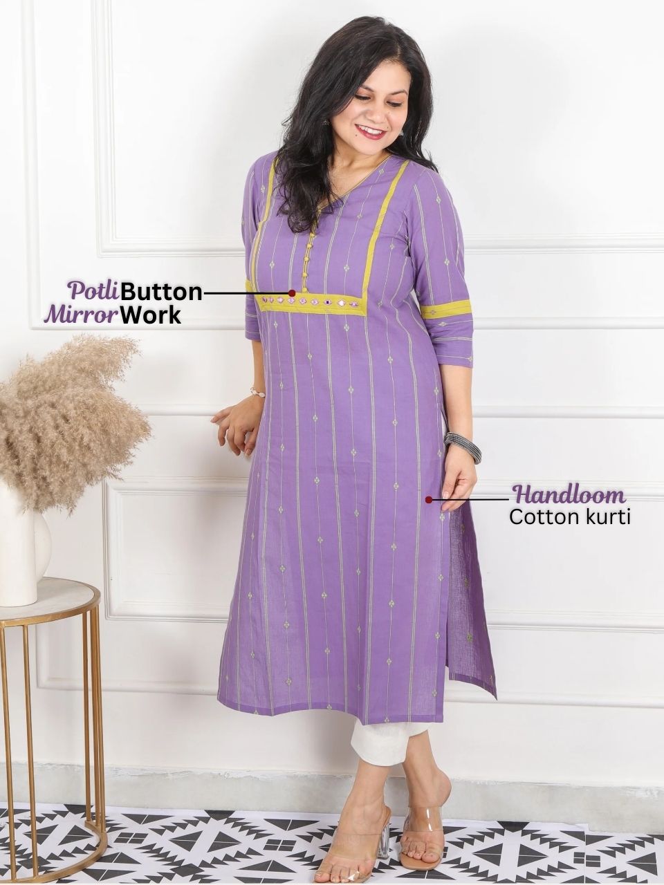 Hanniyaan Pastel Purple Button Work Weaved Handloom South Cotton Kurti