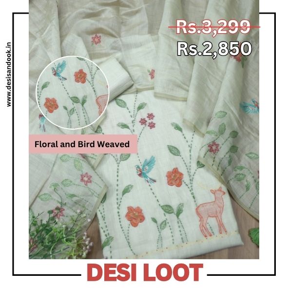 Alfaazi Champagne Beige Floral and Bird Authentic Jamdani Weaved Chanderi Suit Set