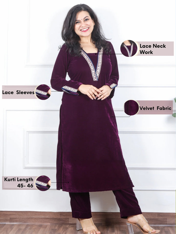 दर्शनी Eggplant Purple V Neck Lace Work Velvet Winter Kurti-D3