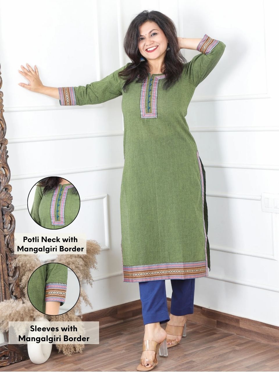 Sunaina Grass Green in Mangalgiri Lace Neck Work in South Cotton Kurti –  Desisandook Enterprises Private Limited
