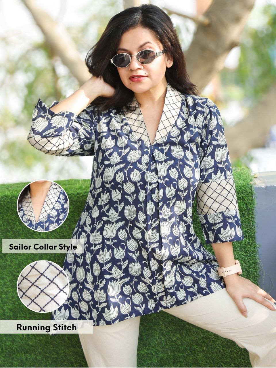Bani Navy Blue Sailor Collar Neck Floral Printed Work Short Cotton Kurti