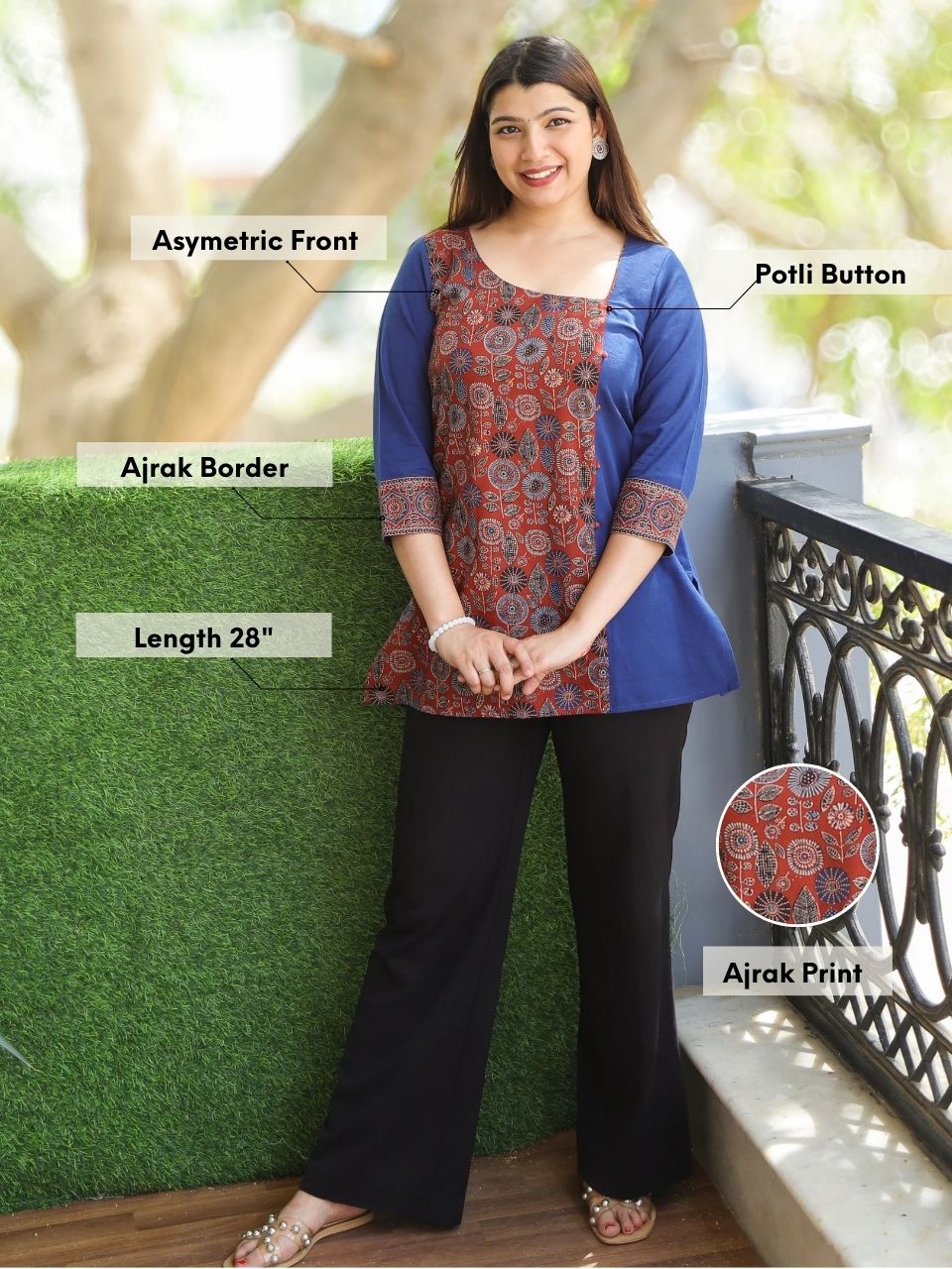 Maya Cornflower Blue with Ajrak Print Patch Work Short Cotton Kurti