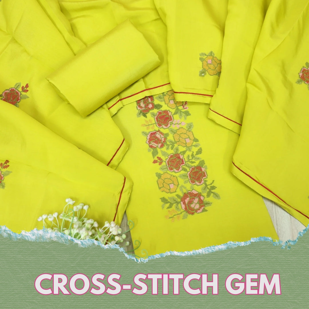 Naina Lemon Yellow Cross-Stitch Embroidered Neck Modal Suit Set