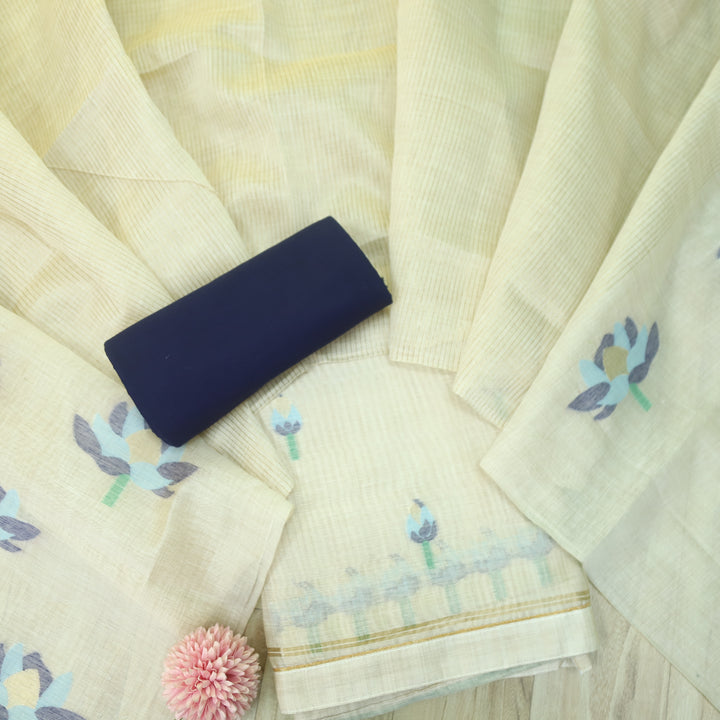 Raina Beige with Blue Authentic Jamdani Weaved Top and Dupatta Set