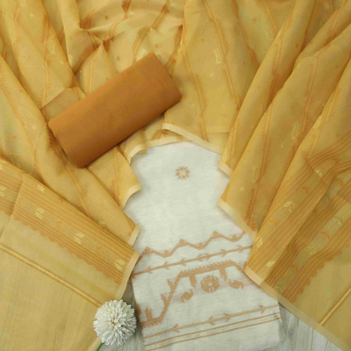 Jannat Beige With Barn Orange Authentic Jamdani Weaved Suit Set