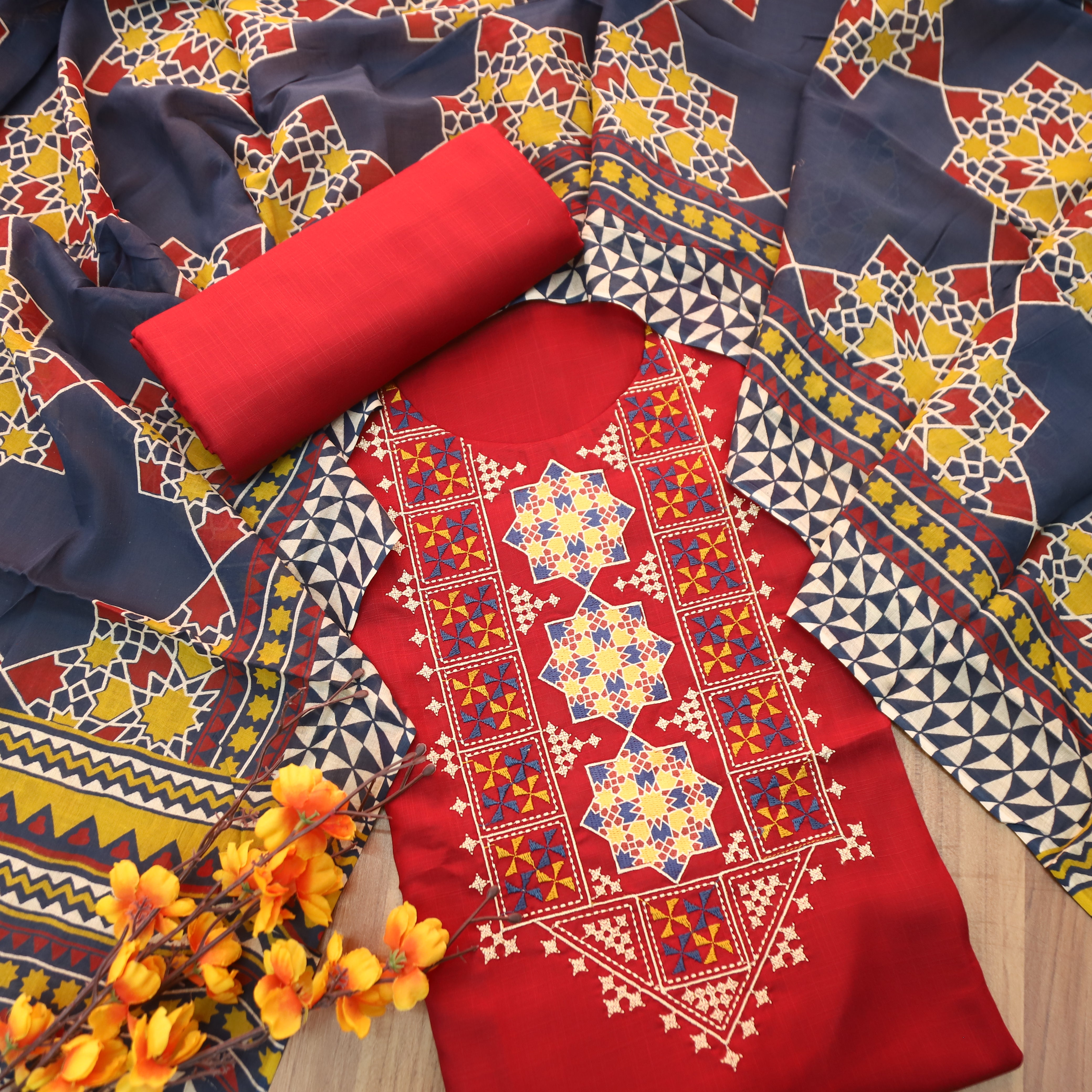 Ruvi Red Thread Embroidered Neck Work Cotton Rayon Set – Desisandook  Enterprises Private Limited